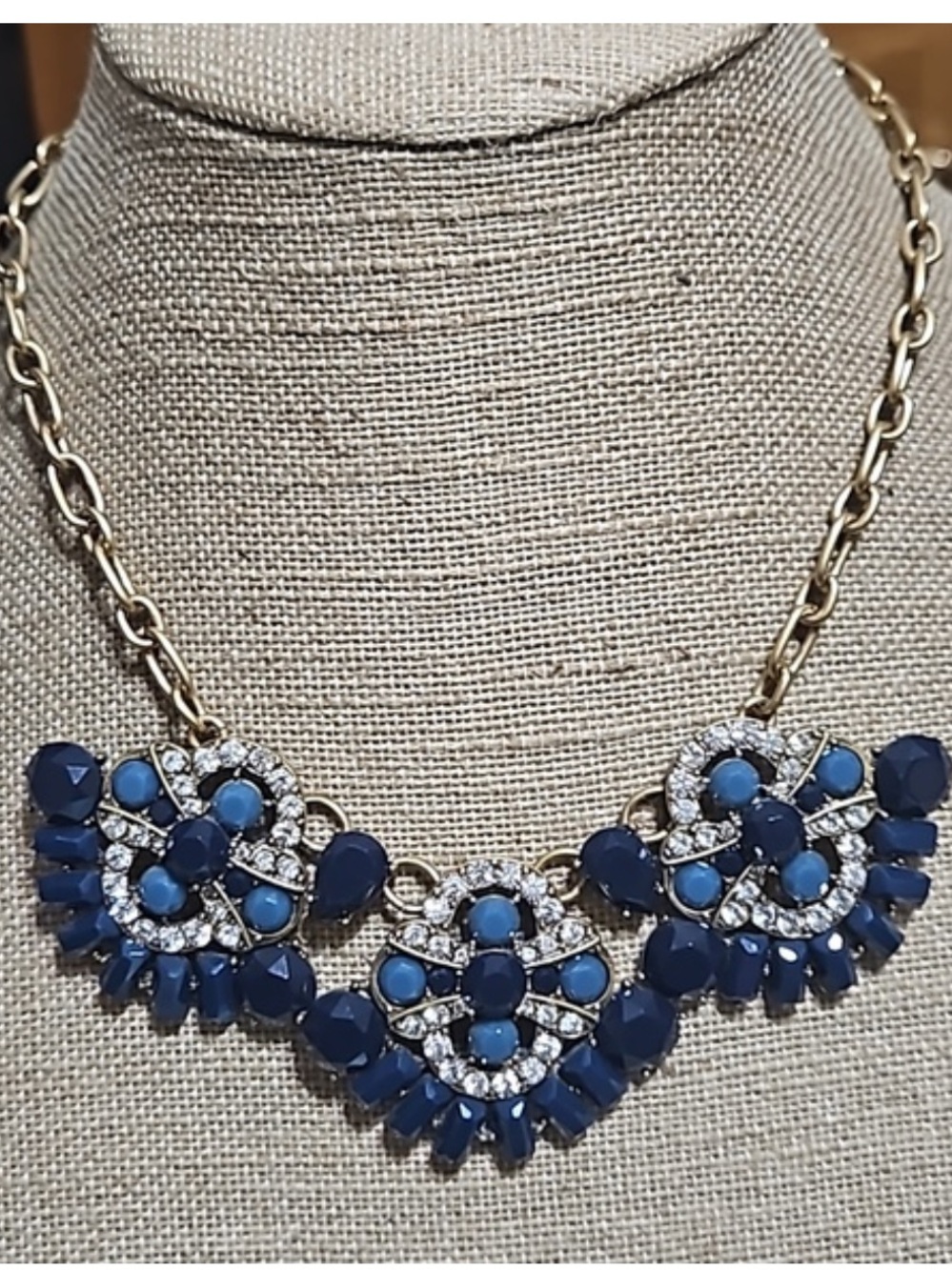 J. Crew Navy and Light Blue Crystal Floral Statement Necklace with Gold Chain
